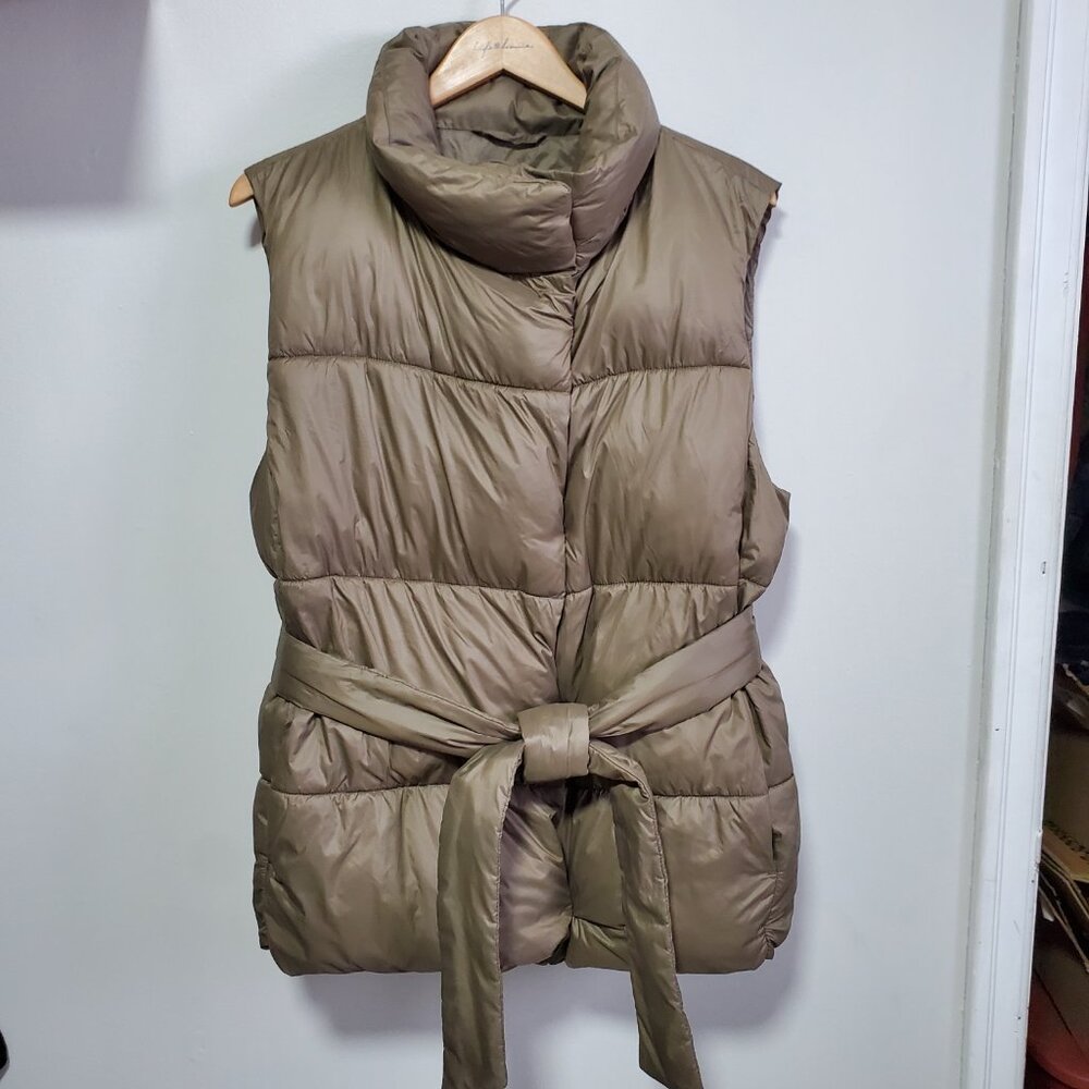 GAP Duvet Wrap Puffer Vest Plymouth Brown Medium Tie Waist Oversized Cozy Warm